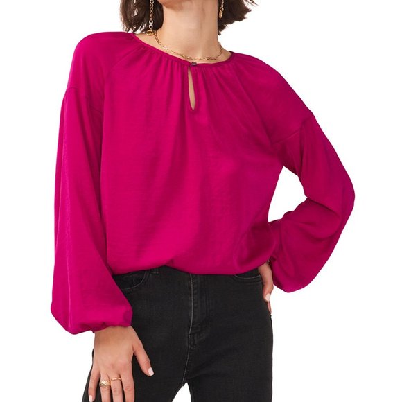 NWT Vince Camuto Fuchsia Fury Keyhole Bishop Sleeve Top - L - Picture 1 of 8